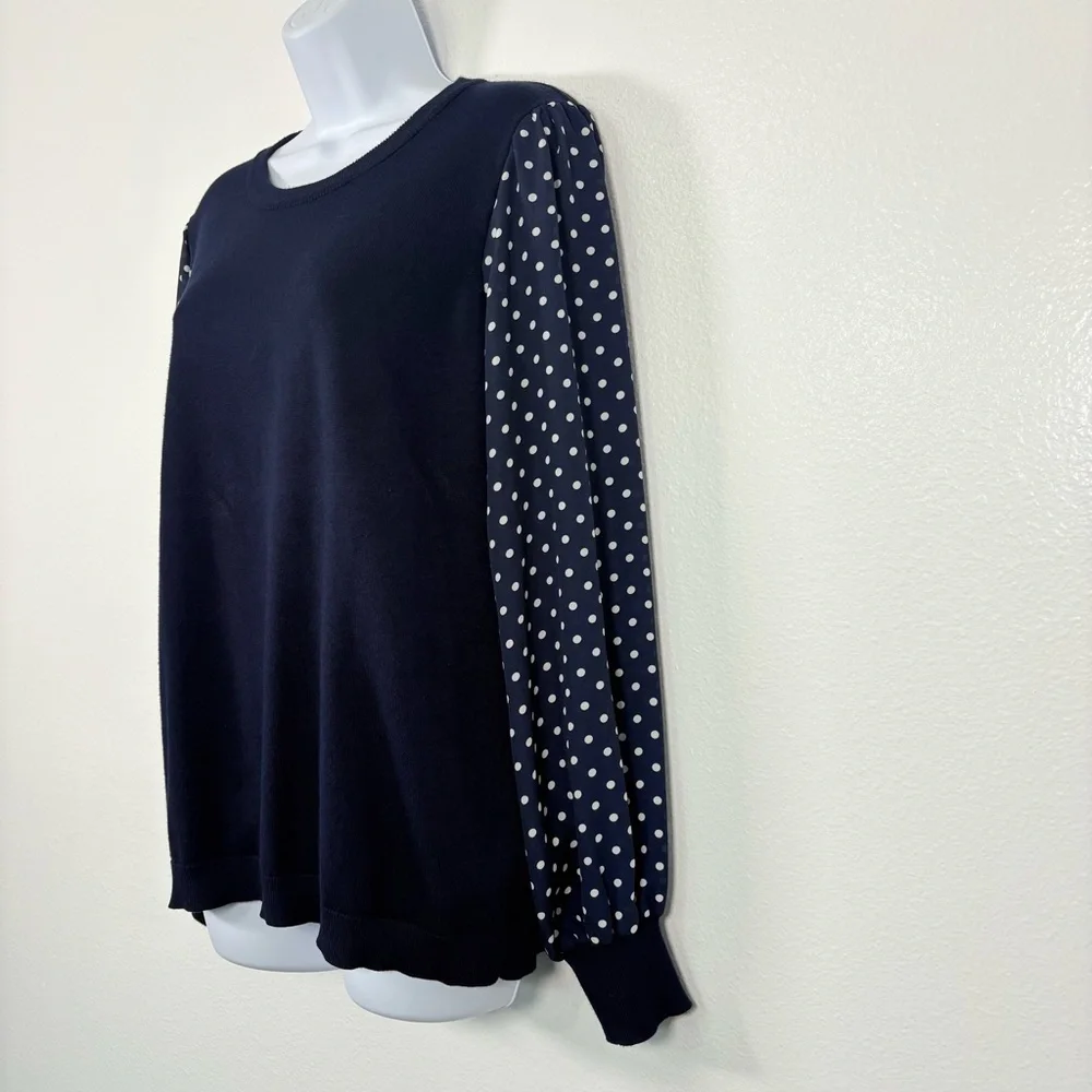 Adrianna Papell Dark Blue Top with Polka Dot Pattern Sheer Sleeves SzL Preppy - Picture 3 of 11